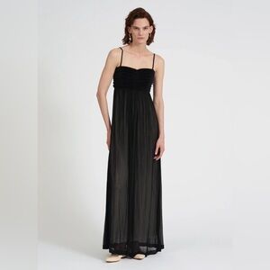BITE Black Ruched Bodice Maxi Evening Gown Sheer Overlay Spaghetti Strap NWOT